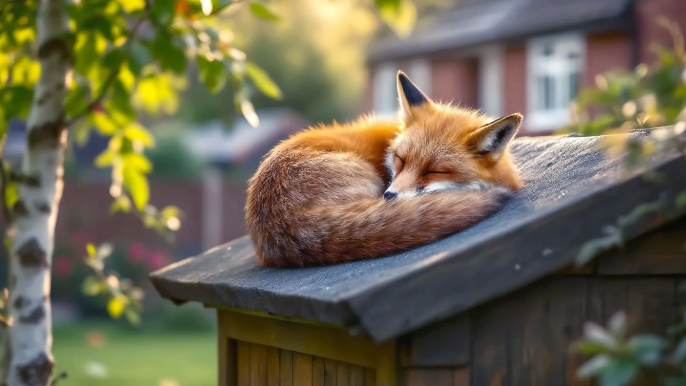 A highly detailed, professional wildlife photograph capturing a healthy red fox curled up asleep on the felt roof of a classic British wooden garden shed. The early morning, golden-hour light filters through the leaves of a nearby silver birch tree, casting soft, dappled shadows onto the scene. The fox's bushy tail is wrapped around its body, and its fur has a rich, orange-red glow. In the background, a quintessential British garden with a neat lawn, a rose bush, and a brick house is softly out of focus. The mood is peaceful, intimate, and captures the essence of urban wildlife coexisting with suburban life.