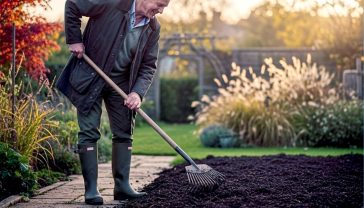 A mature British gardener, wearing a waxed jacket and wellies, is smiling gently as they spread dark, rich compost over a garden bed with a rake. The late afternoon autumn sun casts a warm, golden glow. In the background, a quintessential British garden shows hints of autumn colour—red acer leaves and golden grasses. The mood is peaceful, satisfying, and full of gentle purpose.