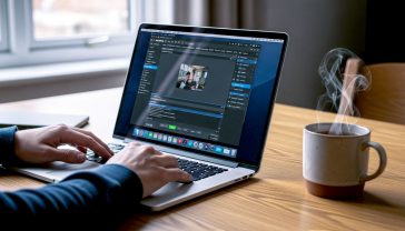 A hyper-realistic, professional photograph in the style of a modern tech blog. A person's hands are visible, working on a sleek laptop (like a MacBook Pro) which is open on a solid oak desk. On the laptop screen, the user interface of the HandBrake software is clearly visible, showing a video being compressed. Next to the laptop sits a steaming mug of tea in a classic, cream-coloured British pottery mug. The lighting is soft and natural, coming from a nearby window, creating a warm, focused, and productive mood. The background is slightly out of focus, hinting at a cosy, modern British home office. The overall feel is one of competence, clarity, and quiet expertise.