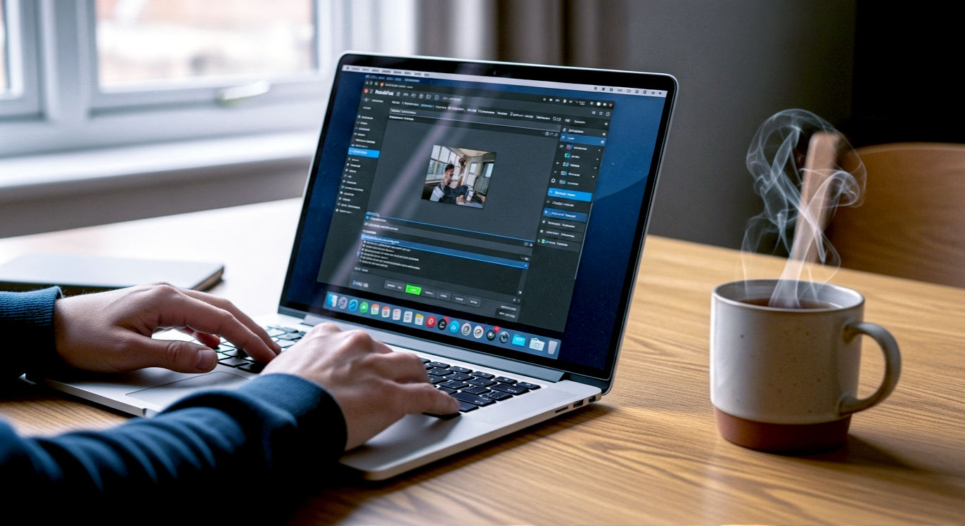 A hyper-realistic, professional photograph in the style of a modern tech blog. A person's hands are visible, working on a sleek laptop (like a MacBook Pro) which is open on a solid oak desk. On the laptop screen, the user interface of the HandBrake software is clearly visible, showing a video being compressed. Next to the laptop sits a steaming mug of tea in a classic, cream-coloured British pottery mug. The lighting is soft and natural, coming from a nearby window, creating a warm, focused, and productive mood. The background is slightly out of focus, hinting at a cosy, modern British home office. The overall feel is one of competence, clarity, and quiet expertise.