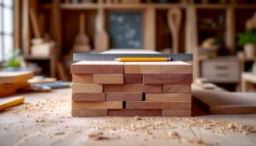 A hyper-realistic, professional photograph showing a neatly stacked pile of planed square edge timber in a bright, clean British workshop. A carpenter's pencil and a metal square rule are resting on top. Soft, natural light comes from a nearby window, highlighting the smooth grain of the wood. The mood is inspiring, organised, and ready for a project.