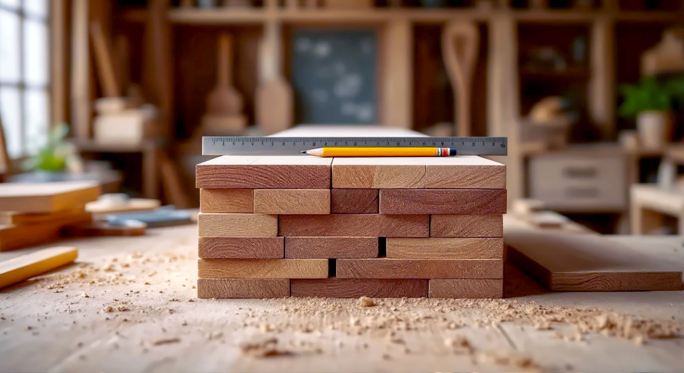 A hyper-realistic, professional photograph showing a neatly stacked pile of planed square edge timber in a bright, clean British workshop. A carpenter's pencil and a metal square rule are resting on top. Soft, natural light comes from a nearby window, highlighting the smooth grain of the wood. The mood is inspiring, organised, and ready for a project.