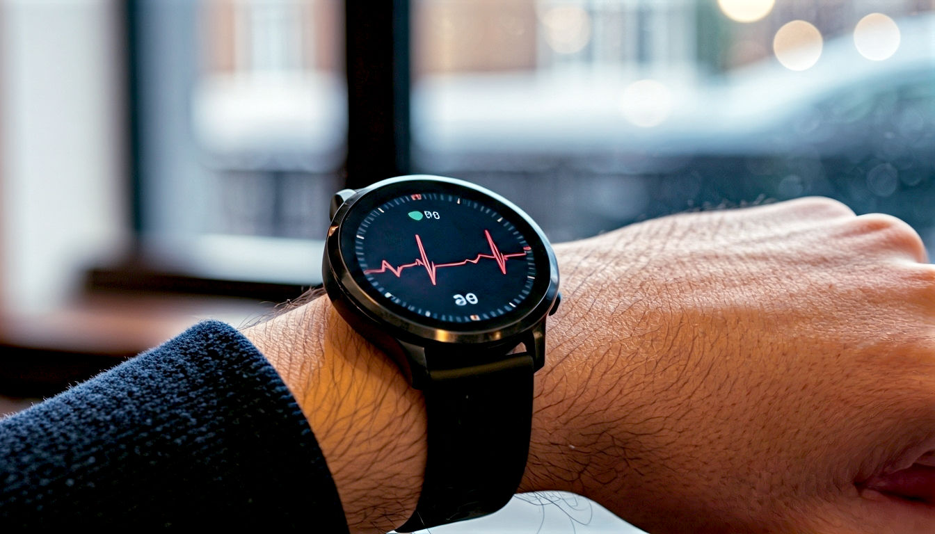 A hyper-realistic, professional photograph in the style of a feature for The Sunday Times Magazine. The image is a close-up, slightly angled shot of a sleek, modern smartwatch on a person's wrist. The watch face displays a clean, minimalist graphic of a heart rate line and a step count. The person is sitting in a bright, contemporary British café, with the soft, out-of-focus background showing a rain-streaked window looking out onto a typical UK high street. The lighting is natural and soft, evoking a calm, thoughtful mood. The overall feel is modern, trustworthy, and relatable to an everyday British scene.