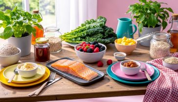 A hyper-realistic, professional food photograph styled for a BBC Good Food magazine cover. A rustic wooden table is artfully arranged with the 10 wholesome foods: a glistening fillet of Scottish salmon, a bowl of colourful British berries, vibrant green kale, a jar of oats, and other foods from the list. The lighting is soft and natural, coming from a nearby window, creating a warm, inviting, and healthy atmosphere. The composition is a flat lay, slightly angled, evoking a sense of abundance and well-being.
