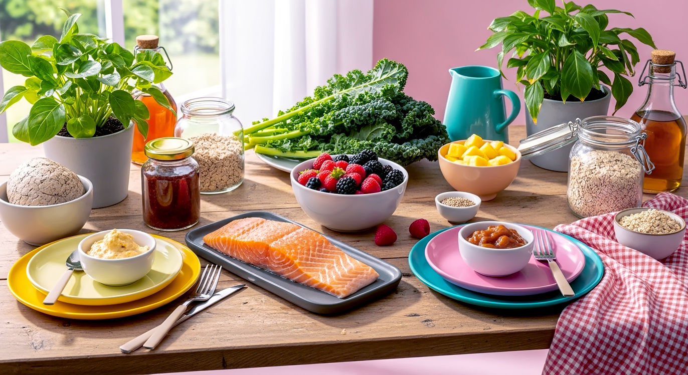 A hyper-realistic, professional food photograph styled for a BBC Good Food magazine cover. A rustic wooden table is artfully arranged with the 10 wholesome foods: a glistening fillet of Scottish salmon, a bowl of colourful British berries, vibrant green kale, a jar of oats, and other foods from the list. The lighting is soft and natural, coming from a nearby window, creating a warm, inviting, and healthy atmosphere. The composition is a flat lay, slightly angled, evoking a sense of abundance and well-being.