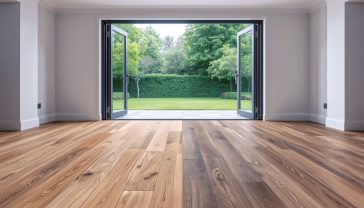 Professional photograph of a bright, contemporary British living room with large bi-fold doors opening to a lush garden. Half the floor is laid with warm, rustic solid oak planks, and the other half with sleek, modern engineered walnut flooring, showing a direct comparison. Soft, natural light fills the room, highlighting the grain and texture of both woods. Style of a high-end interior design magazine like Livingetc or Elle Decor.