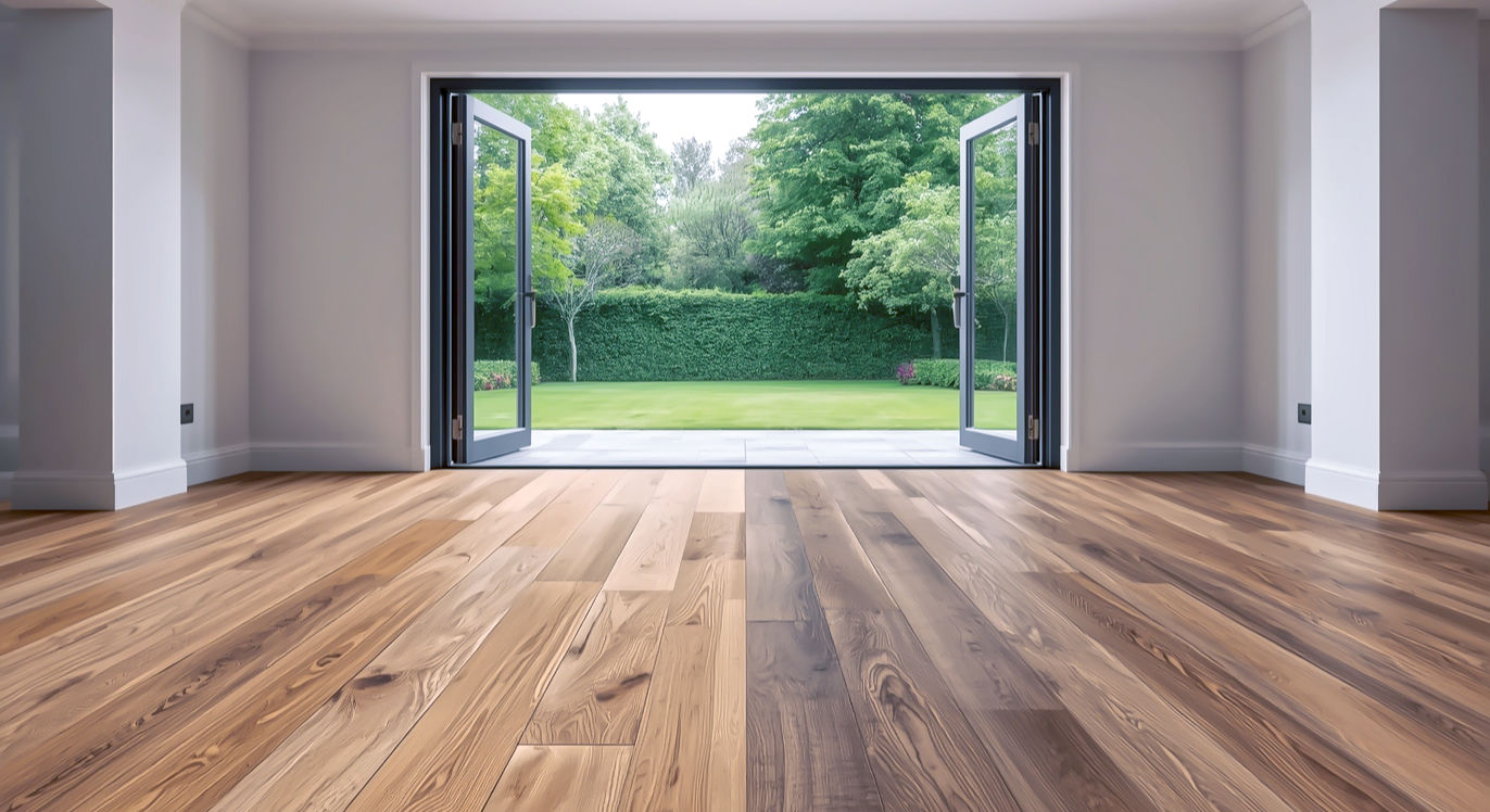 Professional photograph of a bright, contemporary British living room with large bi-fold doors opening to a lush garden. Half the floor is laid with warm, rustic solid oak planks, and the other half with sleek, modern engineered walnut flooring, showing a direct comparison. Soft, natural light fills the room, highlighting the grain and texture of both woods. Style of a high-end interior design magazine like Livingetc or Elle Decor.