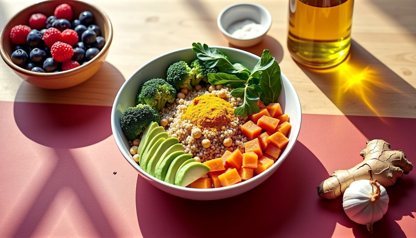 A hyper-realistic photograph in the style of a modern BBC Food feature. The shot is a vibrant flat-lay on a rustic, light-oak kitchen table. In the centre is a colourful Buddha bowl filled with quinoa, roasted broccoli, sweet potato, chickpeas, spinach, and sliced avocado, drizzled with a turmeric-tahini dressing. Surrounding the bowl are key anti-inflammatory ingredients: a small bunch of fresh salmon fillets, a bowl of mixed berries, a head of garlic, fresh ginger and turmeric root, and a bottle of extra virgin olive oil. The lighting is bright, natural, and airy, coming from a nearby window, creating soft shadows. The mood is fresh, healthy, and inspiring, perfectly capturing a modern, achievable British approach to wellness.