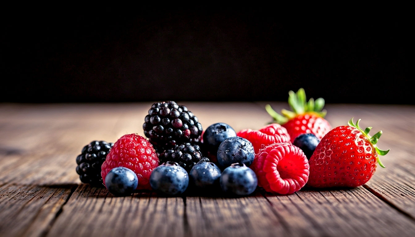 A hyper-realistic, professional food photograph in the style of a BBC Good Food magazine cover. The image features a rustic wooden table, slightly out of focus in the background. In the foreground, there is a vibrant and artfully arranged pile of fresh, British-grown berries: deep purple blackcurrants, glossy blackberries, plump blueberries, and rich red raspberries and strawberries. A few dewdrops cling to the fruit. The lighting is soft and natural, coming from a side window, highlighting the rich colours and textures of the berries. The mood is fresh, healthy, and quintessentially British.