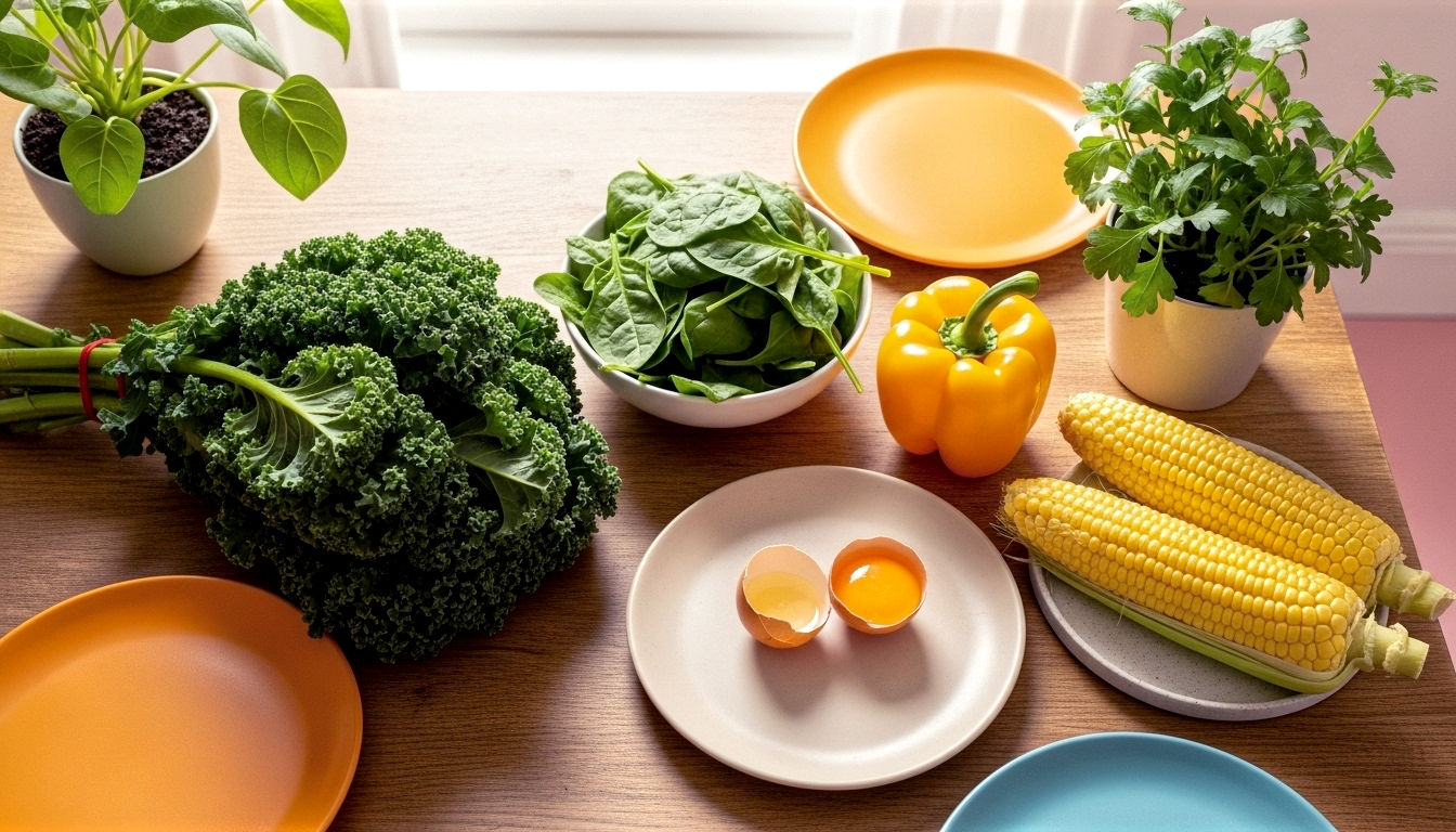 A hyper-realistic, professional photograph in the style of a Waitrose Food magazine feature. The image shows a vibrant, top-down view of a rustic wooden kitchen table. On the table is a colourful collection of fresh, raw ingredients rich in lutein and zeaxanthin: a beautiful bunch of dark green kale, a pile of fresh spinach, a bright yellow bell pepper, a cob of sweetcorn, and a cracked free-range egg with a deep orange yolk. The lighting is soft and natural, coming from a nearby window, creating a warm and inviting mood. The composition is artful and clean, evoking a sense of healthy, modern British living.