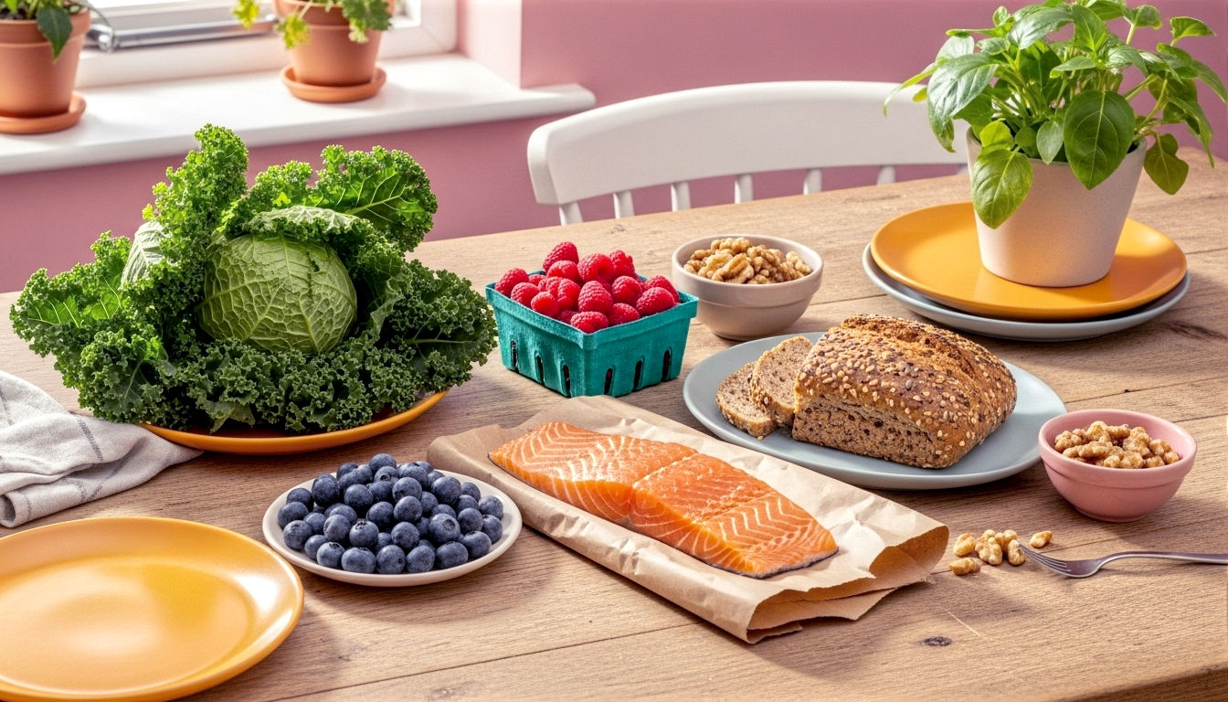 A hyper-realistic, professional photograph in the style of a feature in The Guardian's Feast magazine. The image captures a rustic wooden kitchen table, bathed in soft, natural morning light from a nearby window. On the table is a vibrant, colourful flat-lay composition of iconic British nutrient-dense foods: a head of curly kale, a punnet of fresh Scottish raspberries and blueberries, a glistening fillet of salmon on brown paper, a loaf of seeded wholemeal bread, and a small bowl of walnuts. The mood is fresh, wholesome, and inspiring, with a slightly desaturated, earthy colour palette that feels authentic and very British.