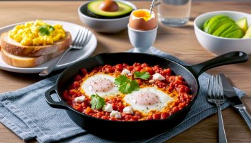 A hyper-realistic, professional food photography shot capturing a rustic wooden kitchen table bathed in soft, bright morning light. The central focus is a beautiful, sizzling cast-iron skillet of shakshuka, with two perfectly poached eggs nestled in a vibrant, chunky tomato and pepper sauce, garnished with fresh coriander and crumbled feta. Around the skillet, place a plate of perfect scrambled eggs on sourdough toast, a classic soft-boiled egg in a ceramic egg cup with toast soldiers, and a small bowl of fresh avocados. The style should be warm, inviting, and slightly rustic, evoking the feel of a cosy British weekend brunch. Use a shallow depth of field to keep the shakshuka sharp while gently blurring the background. The overall mood is wholesome, delicious, and achievable.
