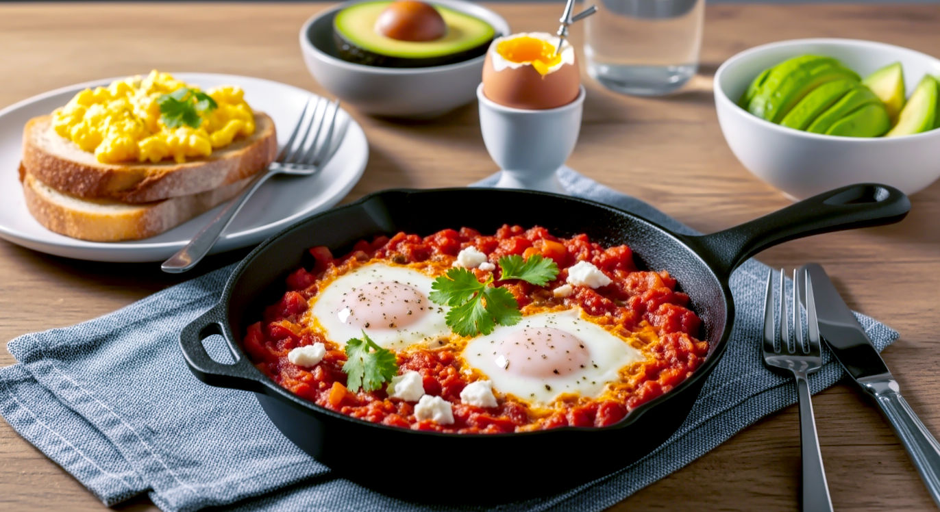 A hyper-realistic, professional food photography shot capturing a rustic wooden kitchen table bathed in soft, bright morning light. The central focus is a beautiful, sizzling cast-iron skillet of shakshuka, with two perfectly poached eggs nestled in a vibrant, chunky tomato and pepper sauce, garnished with fresh coriander and crumbled feta. Around the skillet, place a plate of perfect scrambled eggs on sourdough toast, a classic soft-boiled egg in a ceramic egg cup with toast soldiers, and a small bowl of fresh avocados. The style should be warm, inviting, and slightly rustic, evoking the feel of a cosy British weekend brunch. Use a shallow depth of field to keep the shakshuka sharp while gently blurring the background. The overall mood is wholesome, delicious, and achievable.