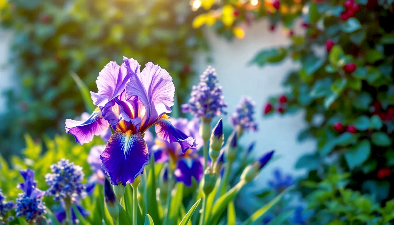 The image captures a classic British garden border in late spring. In the foreground, a vibrant clump of deep purple Bearded Iris stands tall and proud, its petals catching the soft, golden-hour sunlight. To the side, the glossy, spiky leaves of a Holly bush (Ilex aquifolium) provide a dark green contrast, with a few remaining red berries from the previous winter. In the background, a whitewashed cottage wall is partially covered with the lush green leaves of Common Ivy (Hedera helix). The composition is rich and detailed, with a shallow depth of field creating a gentle blur in the background. The mood is peaceful, warm, and quintessentially British, evoking the joy of gardening in the UK.