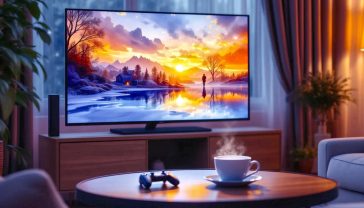 A hyper-realistic, professional photograph capturing the mood of a modern, cosy British living room on a rainy evening. The main focus is the sleek, black NVIDIA Shield TV Pro sitting subtly next to a high-end 4K television. On the TV screen, a visually stunning, action-packed scene from a video game like Cyberpunk 2077 is paused, showcasing impressive 4K graphics and ray-traced reflections. A stylish gaming controller rests on the coffee table next to a steaming mug of tea. The lighting is warm and atmospheric, with soft ambient light from a lamp and the glow of the screen creating a cinematic feel.