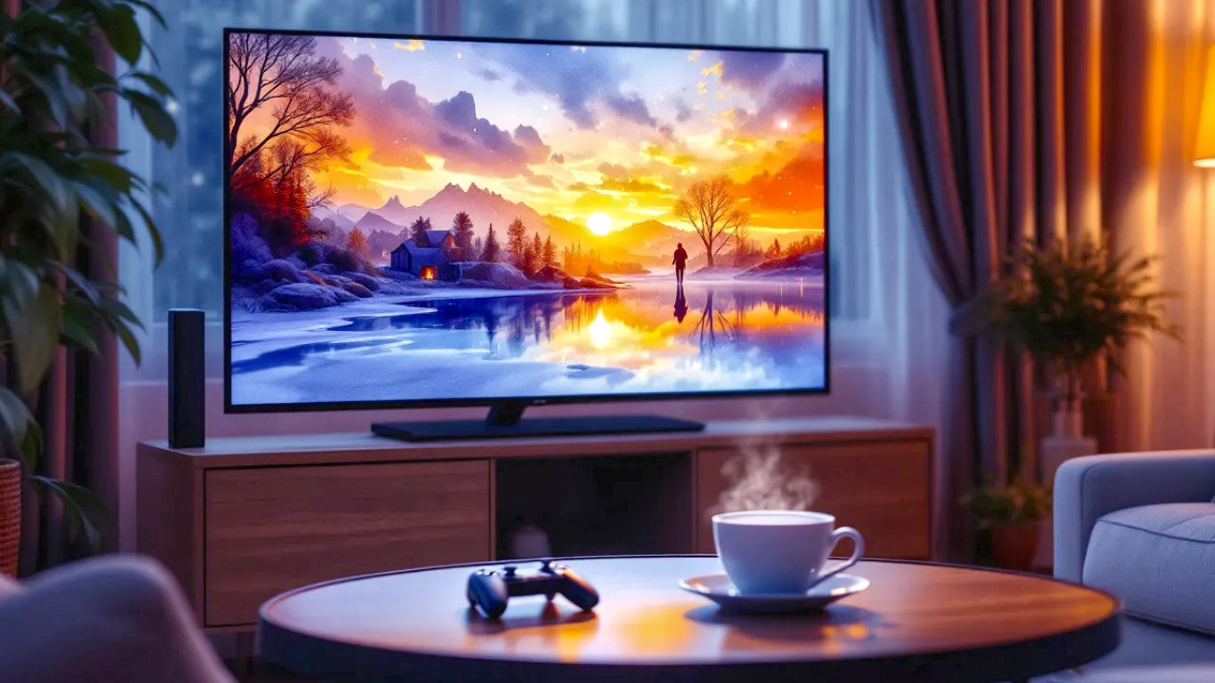 A hyper-realistic, professional photograph capturing the mood of a modern, cosy British living room on a rainy evening. The main focus is the sleek, black NVIDIA Shield TV Pro sitting subtly next to a high-end 4K television. On the TV screen, a visually stunning, action-packed scene from a video game like Cyberpunk 2077 is paused, showcasing impressive 4K graphics and ray-traced reflections. A stylish gaming controller rests on the coffee table next to a steaming mug of tea. The lighting is warm and atmospheric, with soft ambient light from a lamp and the glow of the screen creating a cinematic feel.