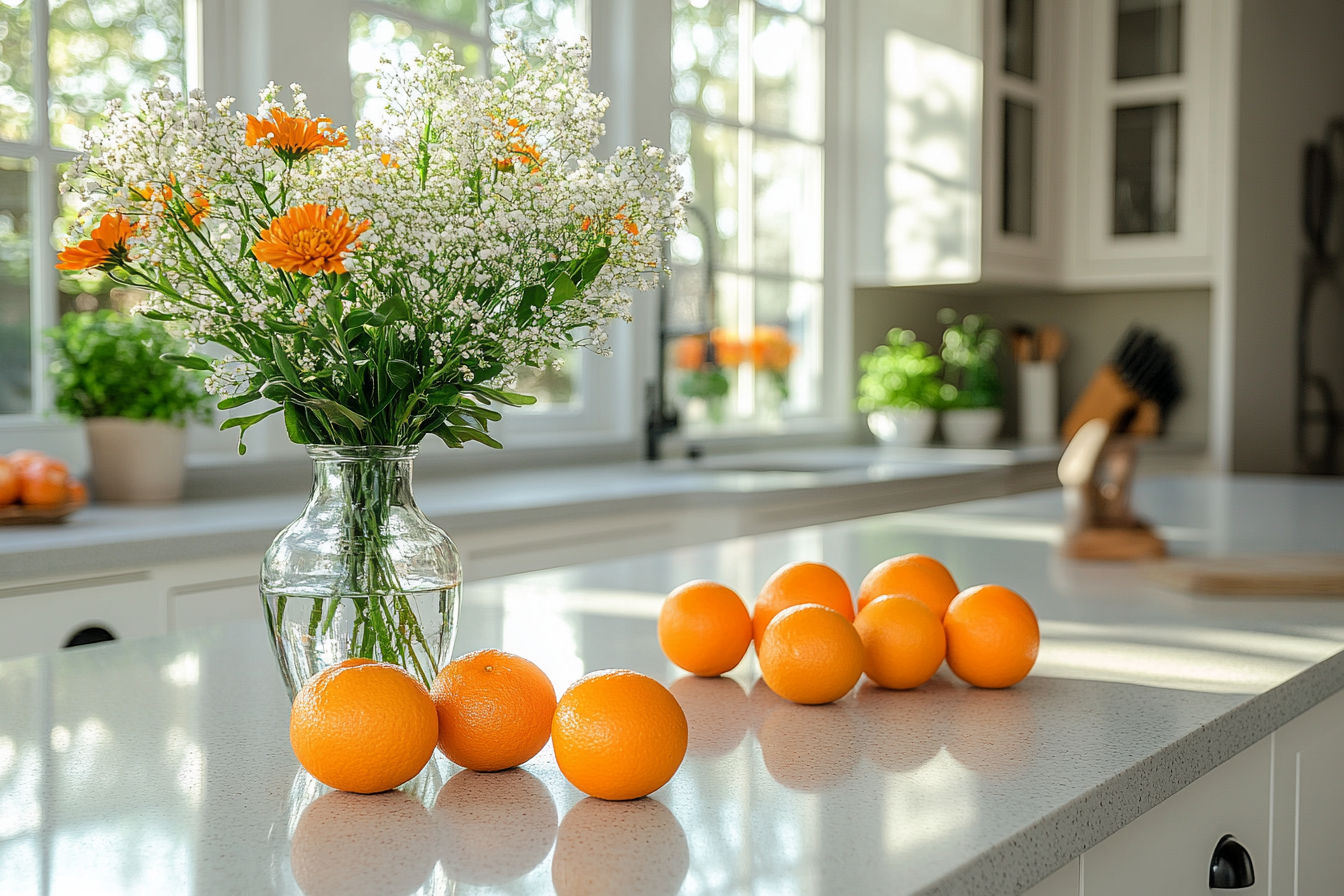 Close-cropped mineral surfaces in a kitchen setting.