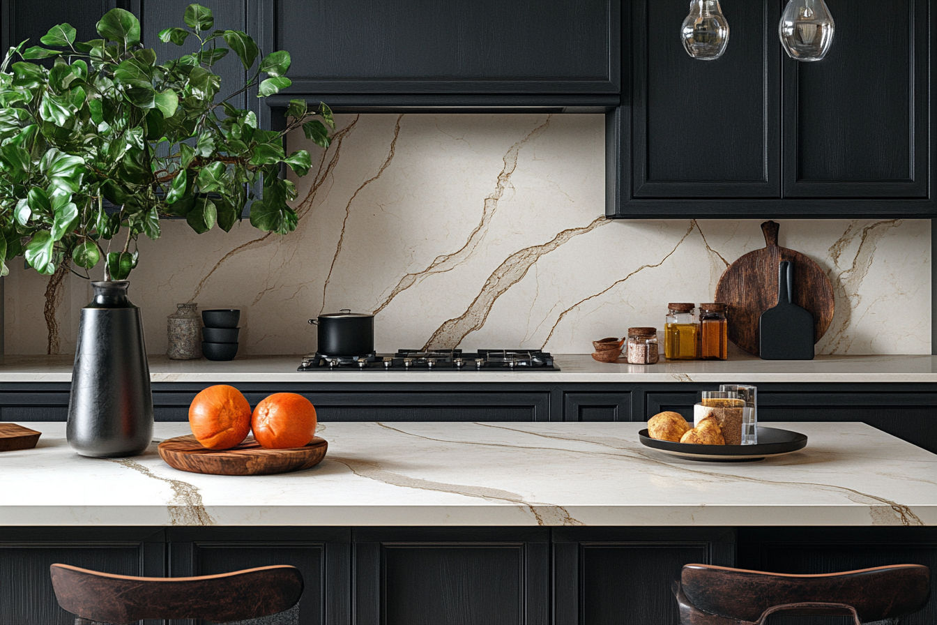 Mineral surfaces in a kitchen for the worktops and splashbacks