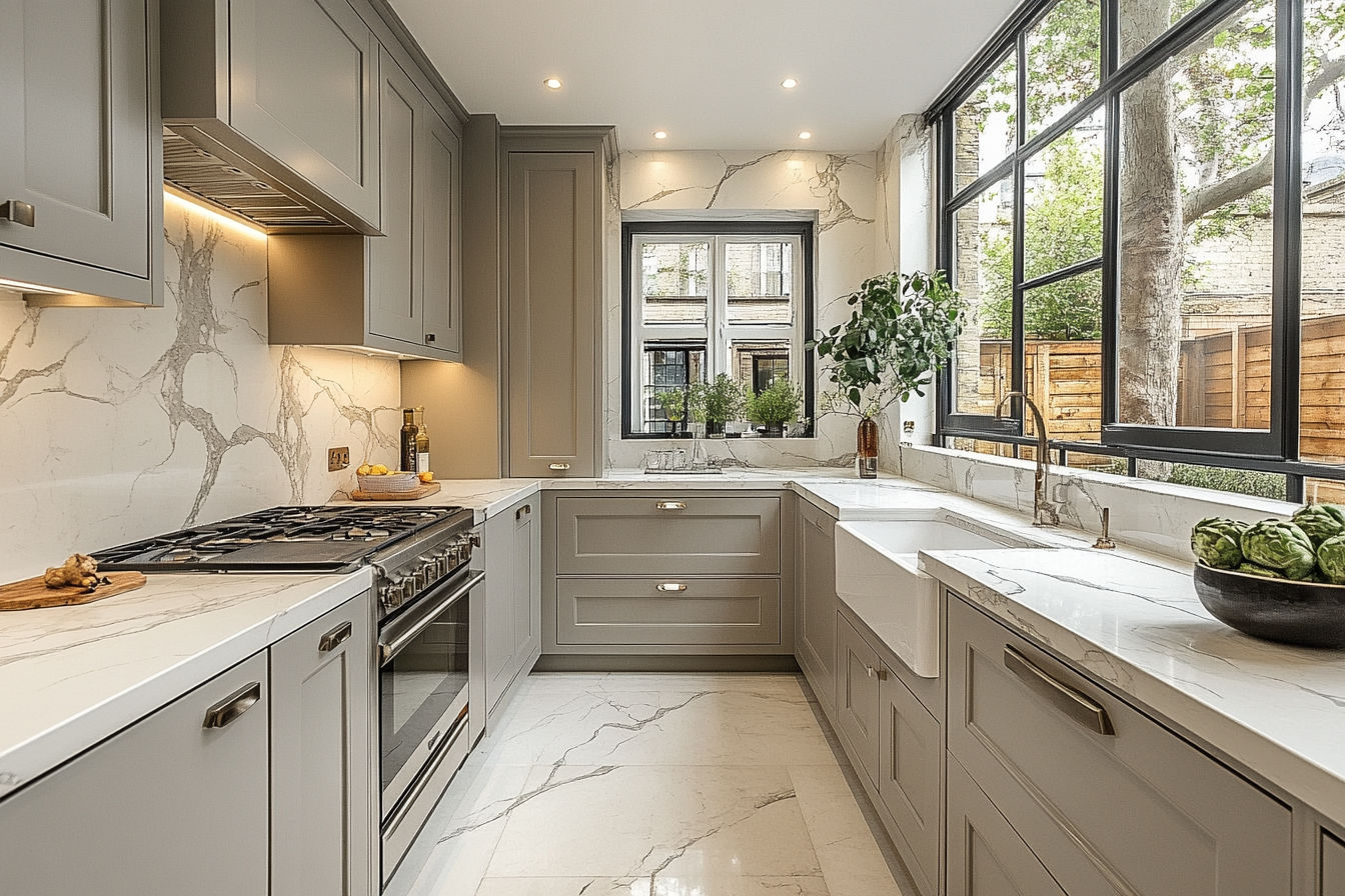 Mineral Surfaces as Kitchen Worktops - marble-effect mineral worktops in a modern kitchen