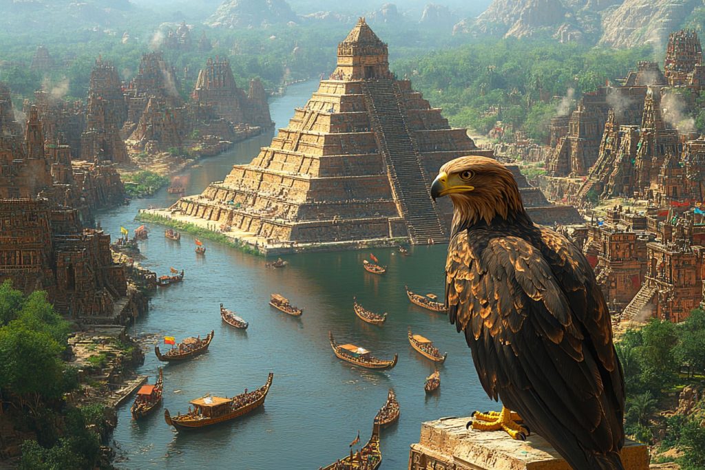 A vivid scene of ancient México-Tenochtitlán, towering pyramids with intricate carvings, bustling canals filled with wooden boats, an eagle perched on a wall overlooking the scene.