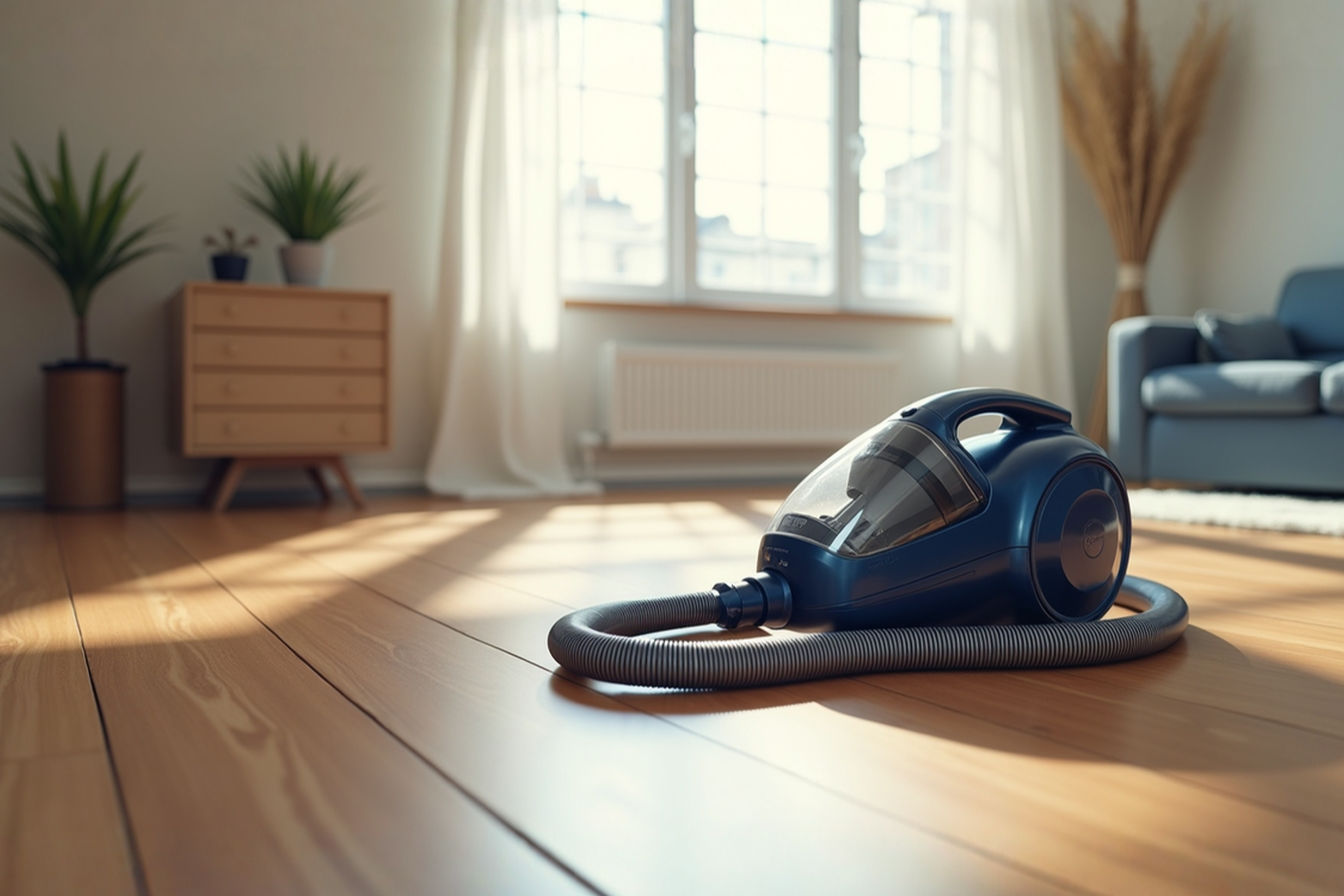 Professional product photography of a modern canister vacuum cleaner on hardwood flooring, soft natural lighting, shallow depth of field, vacuum hose elegantly arranged, minimalist high-end interior setting, clean composition, 50mm lens, f/2.8 aperture, advertising style, color palette of navy blue and silver, ultra-detailed, photorealistic, magazine quality