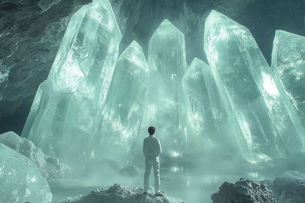 The Cave of Crystals in Naica, Mexico, giant translucent gypsum crystals towering in a steamy cavern, a small explorer in a white suit standing in awe, ethereal blue-green glow