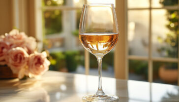 Professional wine photography: elegant glass of golden Chardonnay on marble countertop, soft natural light streaming through, vineyard backdrop with limestone soil, crystal-clear wine with delicate bubbles rising, amber highlights, subtle oak barrel in background, shallow depth of field, 85mm lens, f/2.8, diffused lighting, high-end commercial photography style, highly detailed, photorealistic