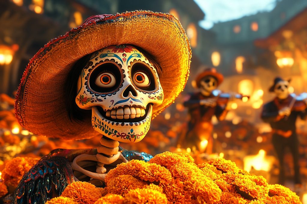 A colorful Day of the Dead celebration, a grinning sugar skull on an altar piled with marigolds, a skeleton-painted dancer in a vibrant dress, mariachi musicians playing, warm night lighting, festive and joyful mood