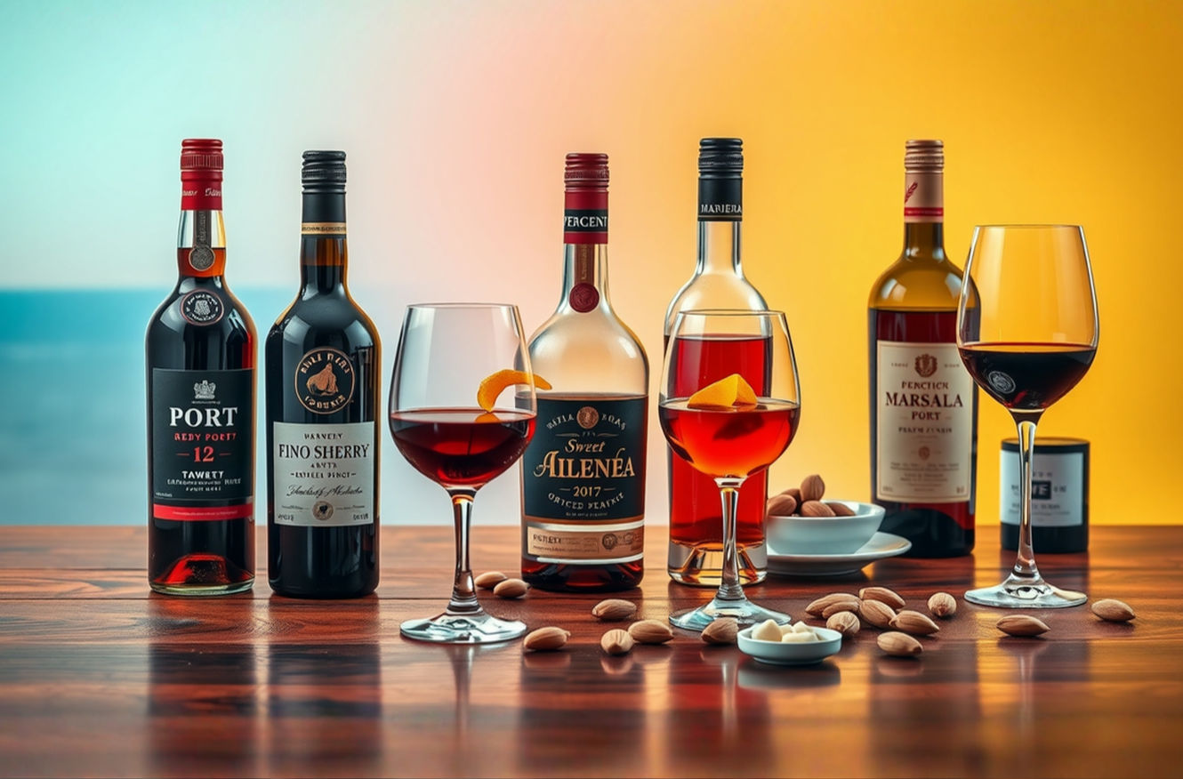 Fortified Wines Featured Image: A luxurious still-life photograph of fortified wines, featuring a polished wooden table with a bottle of ruby Port, a glass of tawny Port with caramel hues, a chilled Fino Sherry in a delicate copita glass, a sweet Vermouth with an orange peel garnish, a Marsala bottle next to a dessert plate, and a Madeira glass with a subtle ocean backdrop. Rich textures, warm lighting with soft shadows, vintage corkscrew and scattered almonds as accents, shallow depth of field, professional studio quality, 8k resolution, photorealistic style
