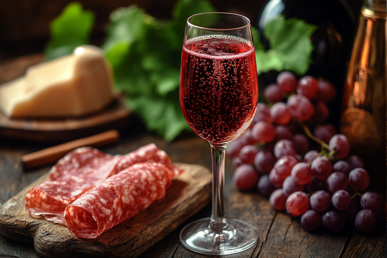 A professional studio photograph of a chilled Lambrusco bottle, ruby-red wine sparkling in a white wine glass with delicate bubbles rising, set against a rustic Italian vineyard backdrop at golden hour. Include a wooden table with prosciutto, Parmigiano Reggiano, and fresh grapes, softly lit with natural light. Crisp details, vibrant colors, shallow depth of field, cinematic mood, 8K resolution, hyper-realistic textures, elegant and appetizing composition