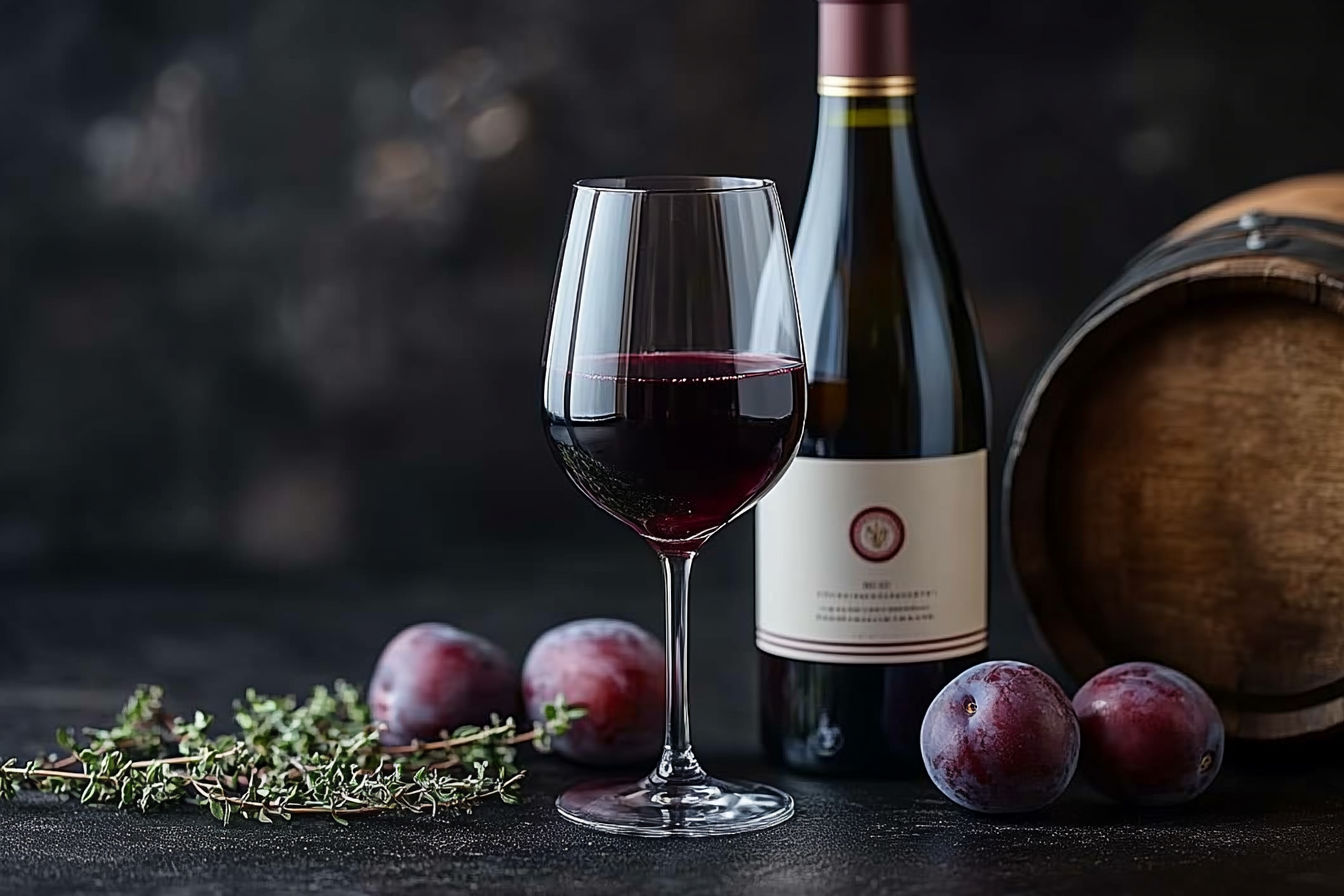 A professional studio photograph of a Merlot wine scene, a sleek glass of deep red Merlot with soft ruby highlights, placed beside an elegant bottle with a minimalist label, set against a dark textured background. Include subtle props like ripe plums, a sprig of thyme, and an oak barrel sliver, arranged with perfect composition. Use dramatic soft lighting to emphasize the wine’s richness, with a shallow depth of field for a luxurious, sophisticated feel, highly detailed, 8k resolution, photorealistic style.