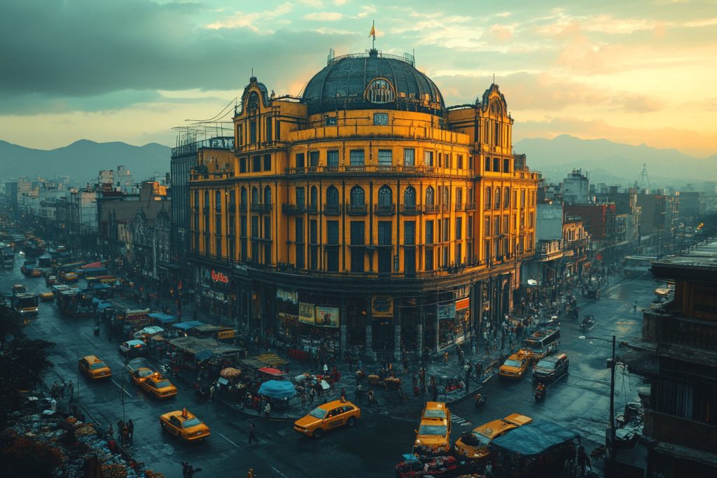 A tilted colonial building in Mexico City, leaning at an odd angle, vibrant streets below with vendors and taxis, a mix of old architecture and modern chaos