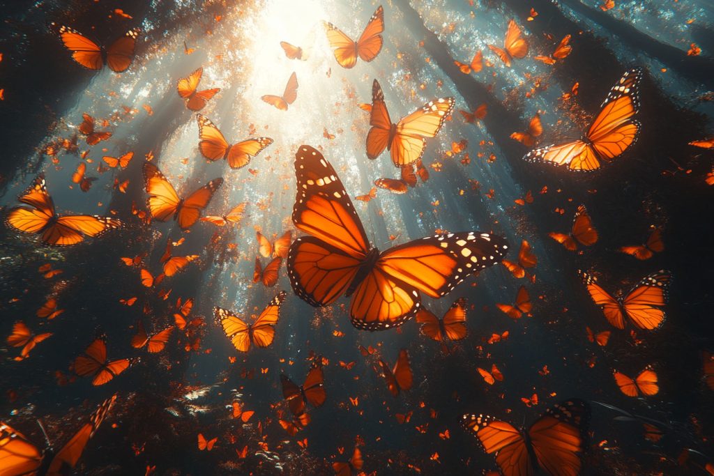 A dense Mexican oyamel fir forest, millions of monarch butterflies covering the branches in vibrant orange, sunlight streaming through, a serene and magical atmosphere