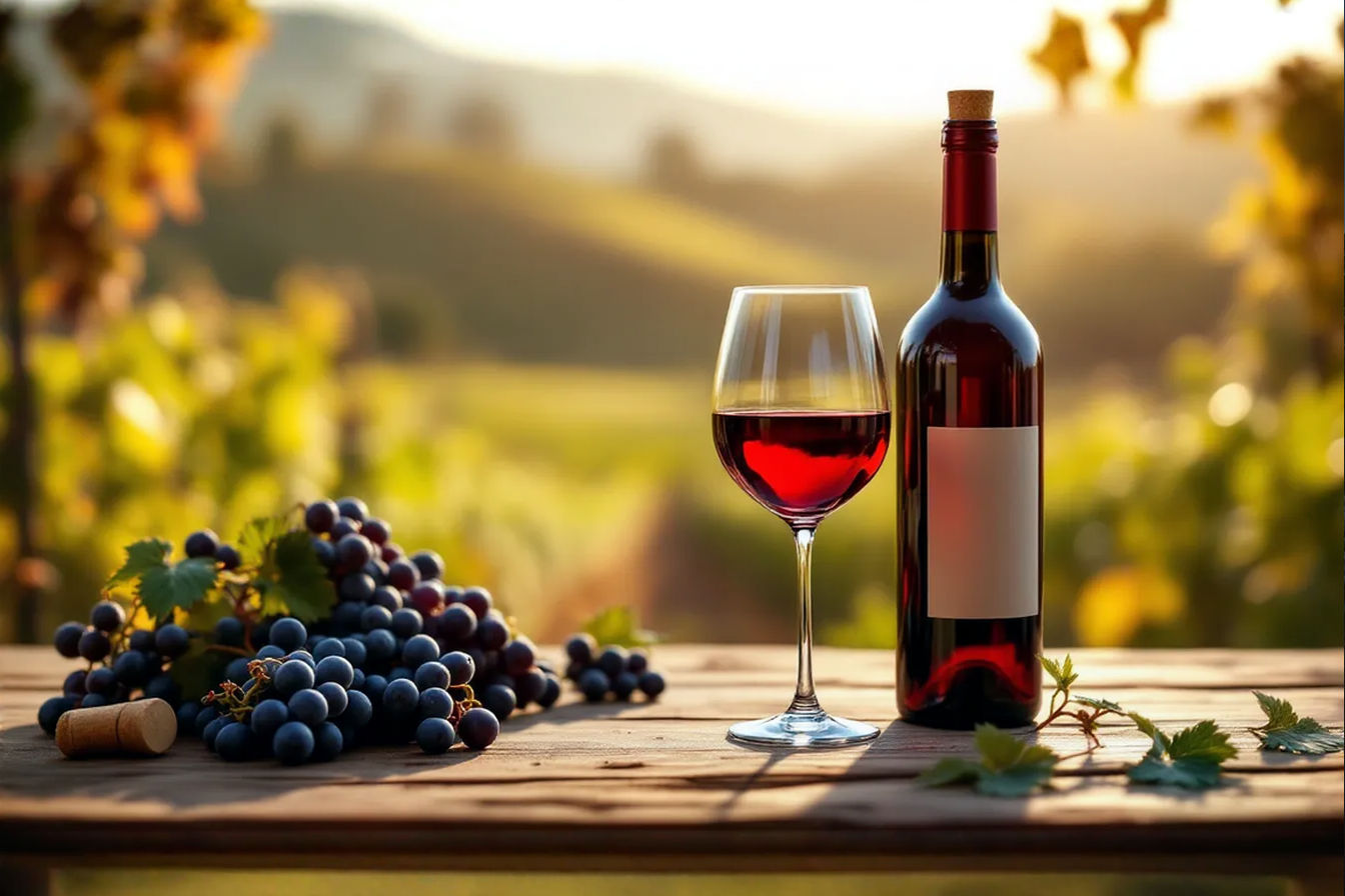 A professional studio photograph of a Pinot Noir scene, featuring a single elegant wine glass filled with ruby-red Pinot Noir, placed on a rustic wooden table. Surround it with subtle vineyard elements—clusters of dark Pinot Noir grapes, a few green leaves, and a corked bottle with a minimalist label. Soft natural light streams from the left, casting gentle shadows and highlighting the wine’s translucent glow. The background is a blurred, earthy vineyard landscape at golden hour, with rolling hills and a warm, inviting tone. Crisp details, rich textures, shallow depth of field, cinematic composition, 8K resolution, hyper-realistic style.