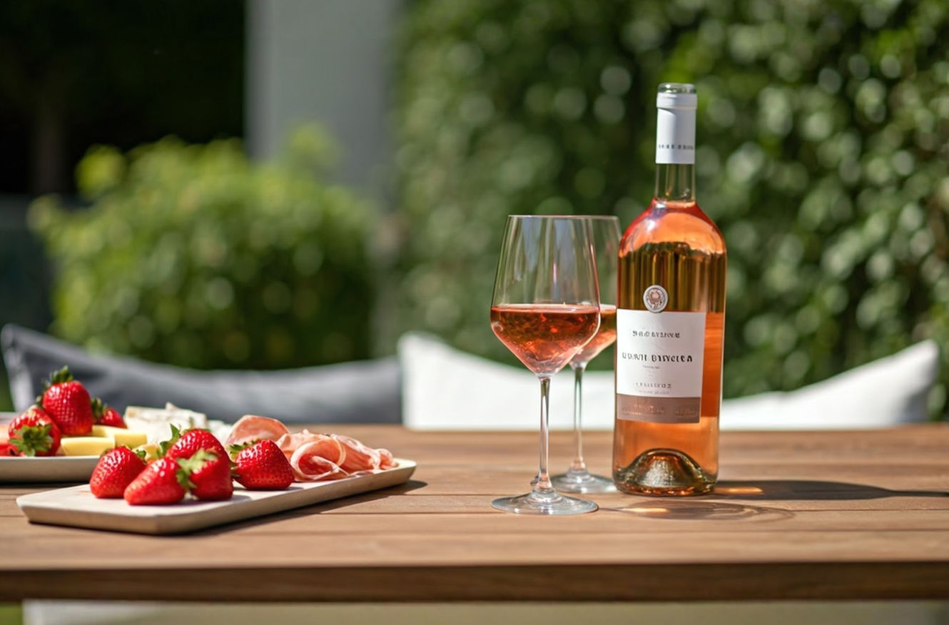 Rosé Wine Featured Image: A luxurious outdoor setting with a sleek wooden table, a chilled bottle of rosé wine (pale pink hue) in an ice bucket, two elegant tulip-shaped glasses filled with rosé, soft sunlight filtering through lush greenery, a platter of fresh strawberries and charcuterie nearby, crisp white linens, Provence-inspired aesthetic, vibrant yet refined colors, highly detailed, 4K resolution, professional food photography style, shallow depth of field