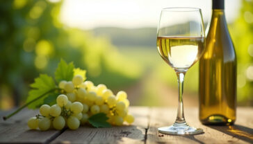 Professional photography of an elegant Sauvignon Blanc wine scene: a crystal wine glass filled with pale straw-colored wine, positioned on a rustic wooden table with diffused natural light, surrounded by fresh green grape leaves, a vineyard landscape in soft focus background, crisp white wine bottle slightly blurred, depth of field, dramatic lighting, 85mm lens, f/2.8, high-end commercial photography