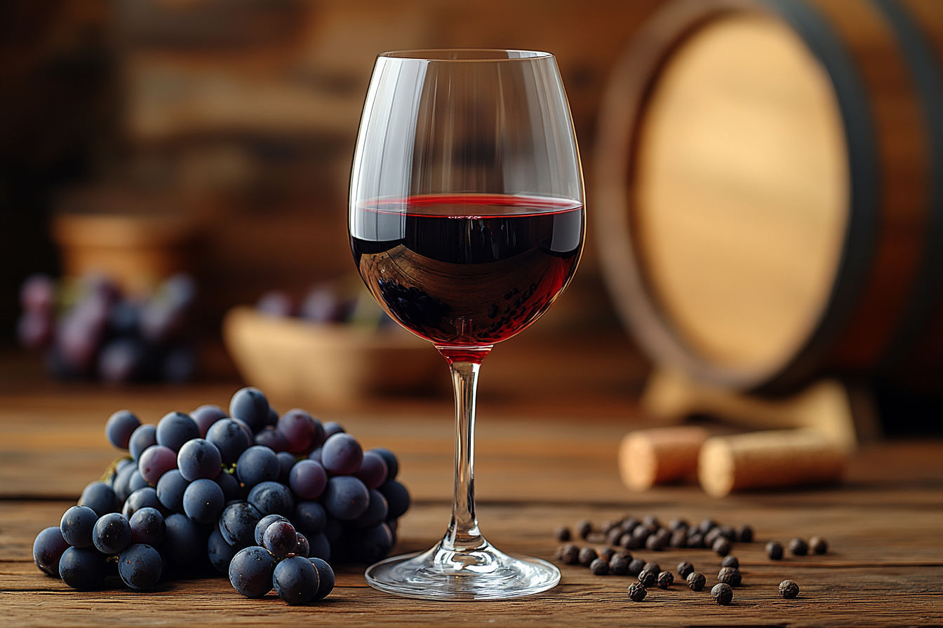 A professional studio photograph of a Shiraz wine scene, a crystal wine glass filled with deep ruby-red Shiraz, soft ambient lighting casting gentle shadows, rustic wooden table with subtle texture, surrounded by dark ripe grapes, cracked black peppercorns, and a single oak barrel in the blurred background, rich earthy tones, high detail, 8k resolution, shallow depth of field, elegant and moody atmosphere, cinematic composition, vibrant yet refined color palette
