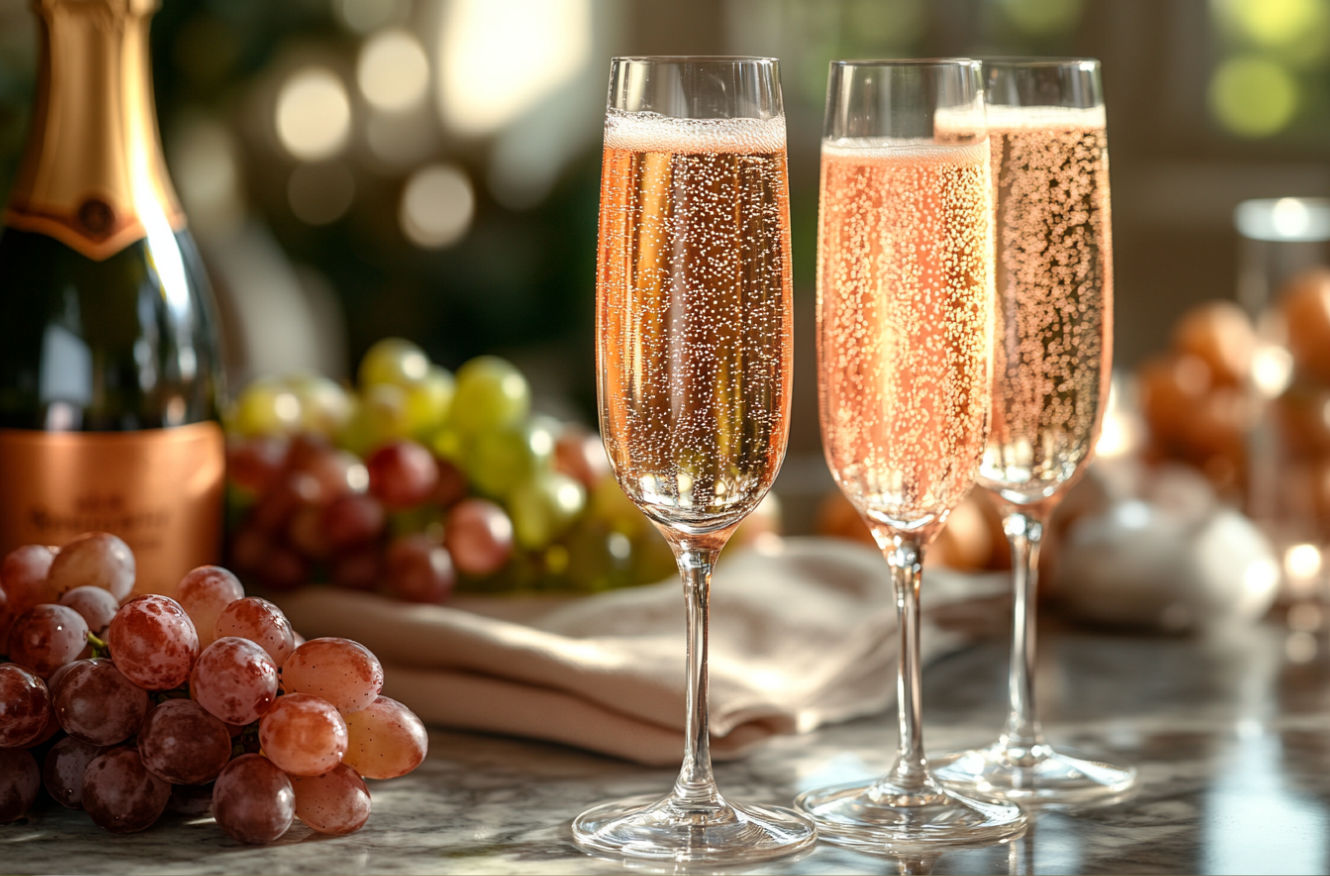 Sparkling Wine Featured Image: A sophisticated still life of sparkling wine: a chilled bottle of Champagne, a sleek Prosecco bottle, and a rustic Cava bottle arranged on a marble table, surrounded by elegant flutes filled with bubbly—golden Champagne, crisp Prosecco, and a hint of rosé Cava. Soft natural light streams in, highlighting delicate bubbles and a festive yet refined vibe, with subtle accents like fresh grapes and a linen napkin. Photorealistic, high-resolution, 4K, professional product photography style, clean composition, neutral background.