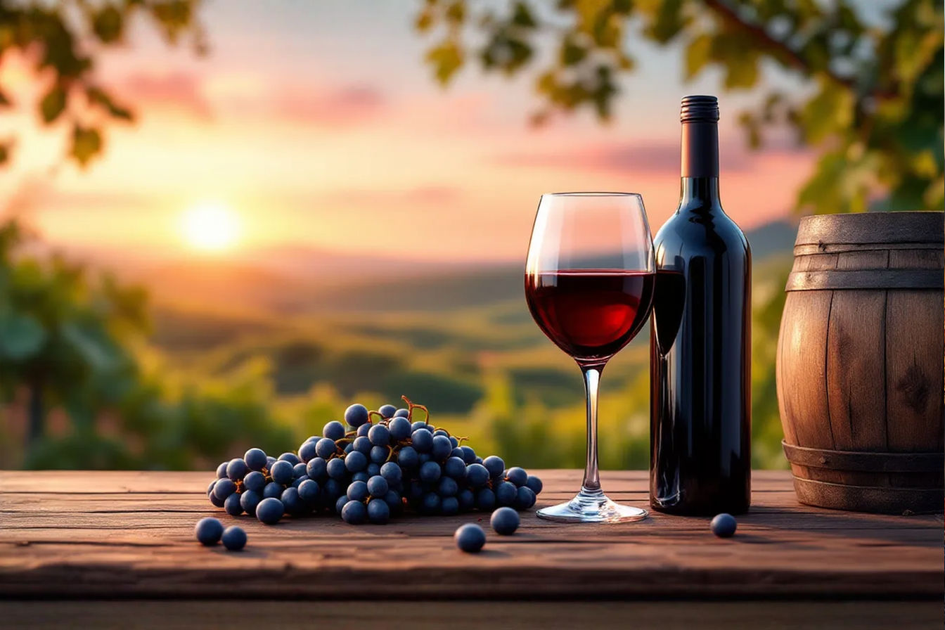 A professional studio photography shot of a Tempranillo wine scene: a sleek glass of deep red wine with ruby highlights, resting on a rustic wooden table beside a cluster of dark, ripe grapes and a weathered oak barrel. Soft, dramatic lighting casts gentle shadows, highlighting the wine’s clarity and texture. In the blurred background, rolling Spanish vineyards stretch under a golden sunset, with earthy tones of green and brown. High-resolution, cinematic depth of field, vibrant yet natural colors, 8K detail, styled like a premium wine magazine cover.