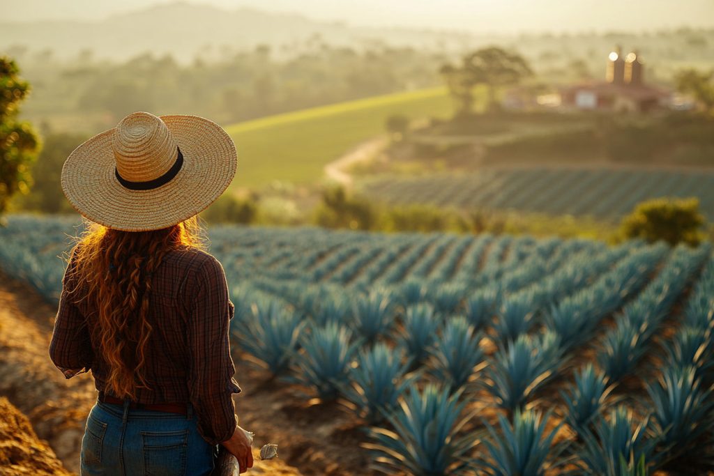 Vast blue agave fields in Jalisco, Mexico, a farmer in a straw hat wielding a coa, a rustic tequila distillery on a hill, golden hour light, rich earthy tones