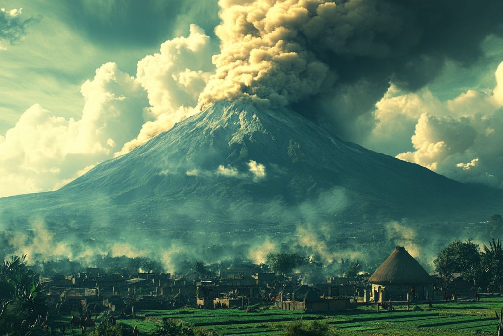 Popocatépetl volcano puffing ash into a clear sky, a small Mexican village below with farmers tending lush fields, vibrant greens against smoky greys