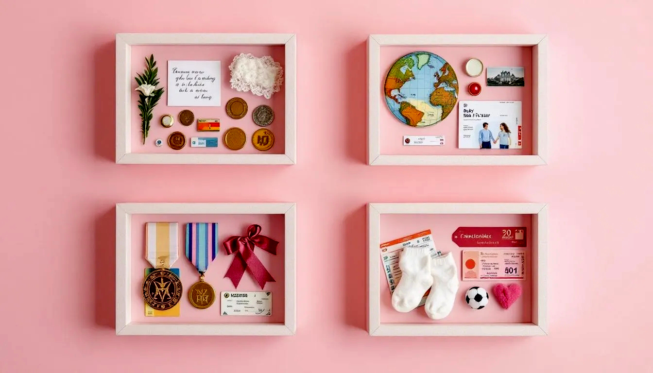 A dynamic and colorful photo collage showcasing four different, beautifully crafted DIY shadow boxes arranged in a grid. Each box is roughly A5 size and filled with small, to-scale mementos. The top-left box is a wedding theme with a groom's boutonnière, a piece of lace, and handwritten vows on a small card. The top-right is a travel theme with foreign coins, colorful ticket stubs, and a single, ornate hotel key. The bottom-left captures a baby's first year with a hospital ID bracelet, a lock of hair tied with a ribbon, and a pair of tiny newborn socks. The bottom-right is a sports theme with a finisher's medal from a race, a team badge, and a signed ticket from a game. The entire composition is bright and detailed. All items are small keepsakes, creating a realistic and cohesive display that inspires creativity.