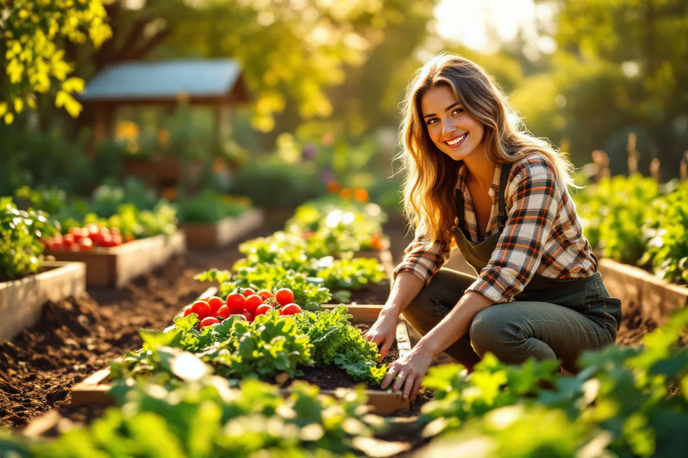 Professional photograph of a beautiful woman in her thriving backyard vegetable garden with raised wooden beds in golden evening sunlight. Fresh tomatoes, lettuce, and colorful vegetables growing abundantly. Clean rows with mulched paths, garden tools neatly arranged to one side. Macro details showing rich soil and water droplets on leaves. Shallow depth of field, DSLR photography, 85mm lens, f/2.8, natural lighting, no people, inspirational gardening magazine cover style