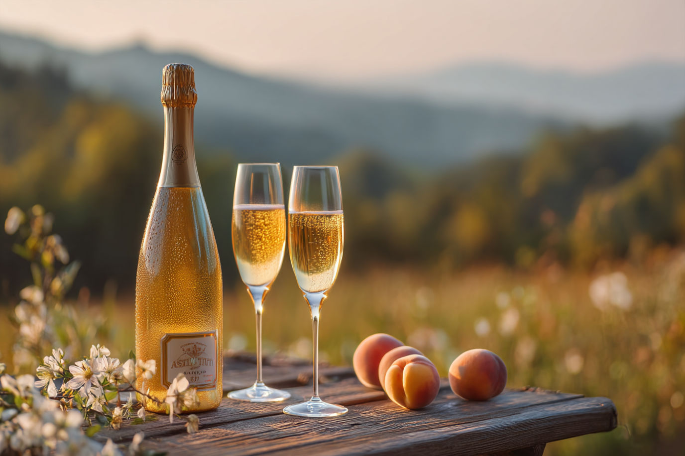 A professional studio photograph of a chilled Asti Spumante bottle and two elegant flutes filled with golden, bubbly sparkling wine, set against a soft, misty Piedmont vineyard background at golden hour. The scene includes delicate white flowers, ripe peaches, and a rustic wooden table, evoking Italian charm. Crisp lighting highlights the bottle’s dew-kissed surface and the wine’s fine bubbles, with a warm, inviting glow. Ultra-realistic, high detail, vibrant colors, shallow depth of field, 8K resolution, cinematic composition.
