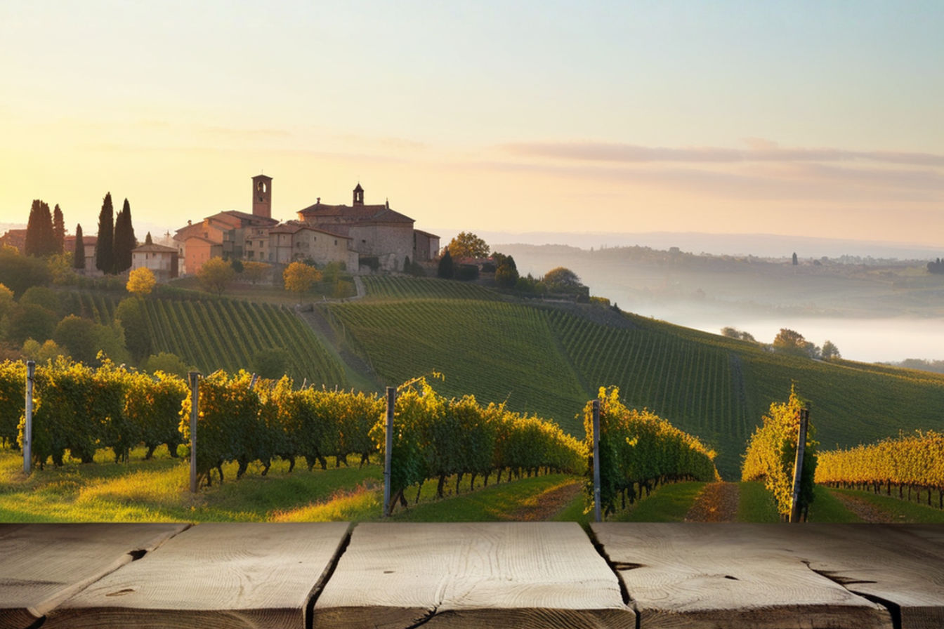 a professional photograph of the Barolo wine region in Piedmont, Italy, capturing rolling vineyard-covered hills at sunset with golden light illuminating rows of Nebbiolo vines. In the distance, a small medieval hilltop village with stone buildings and a church tower. The warm autumn light creates long shadows across the landscape, with some early morning fog lingering in the valley below. Includes a few old gnarly vine trunks in the foreground to add depth and texture. The image evokes the sense of tradition, terroir, and timeless beauty that defines this prestigious Italian wine region.