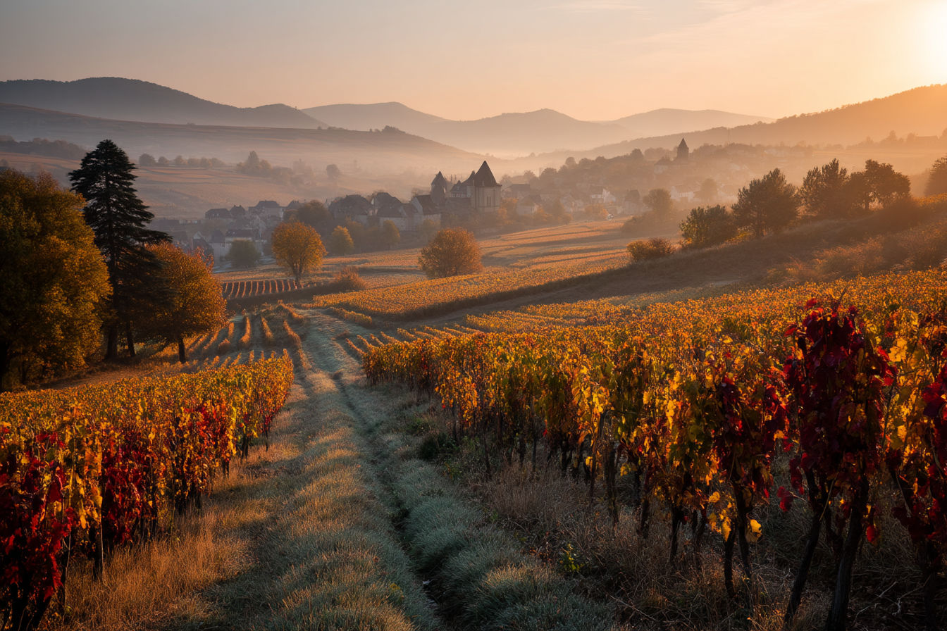 professional photograph of sunlight streaming through rows of Gamay vines on a misty autumn morning in Beaujolais, France, with rolling granite hills in the background and a historic stone winery visible in the distance. The vineyard should display richly colored fall foliage with some grape clusters still visible on the vines. Capture the scene with warm golden light and soft shadows creating depth across the terraced landscape.