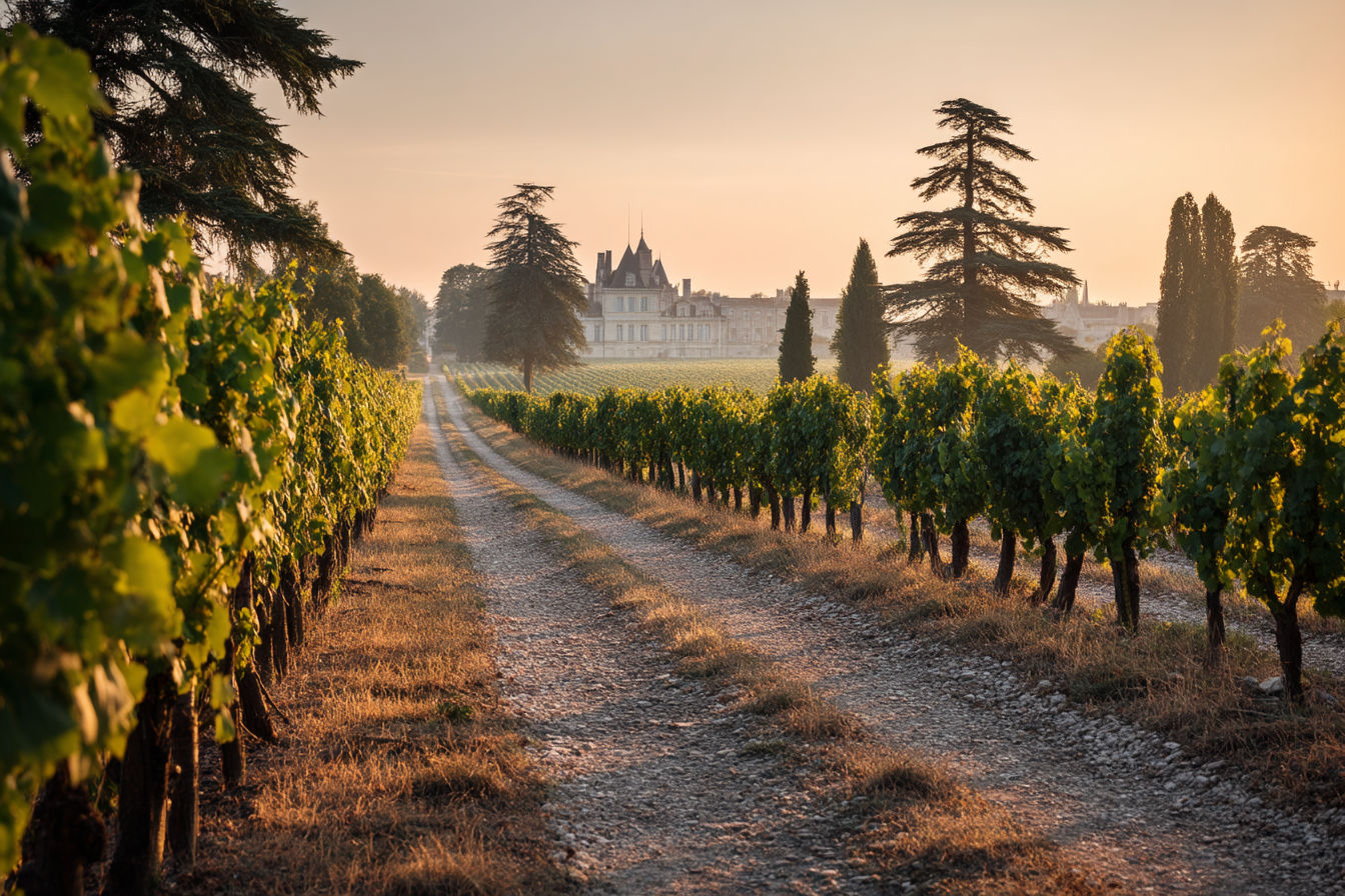 Professional photography of Bordeaux vineyards at sunset with rows of grapevines leading to a magnificent château in the distance. Soft golden light illuminates the gravelly soil and lush green vines, with the Gironde estuary visible in the background. Natural, atmospheric lighting with rich colors and high dynamic range.