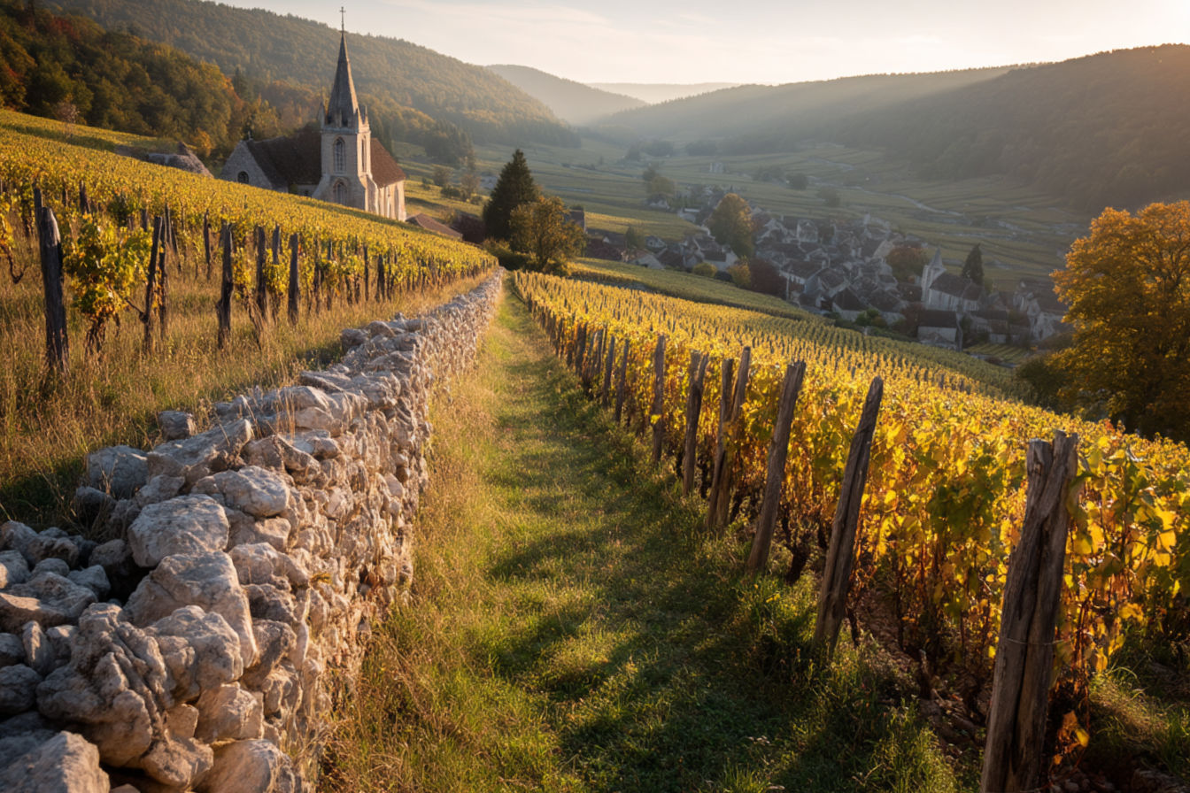 A professional photograph of ancient limestone soil vineyards on a gently sloping hillside in Burgundy, France, with rows of meticulously tended Pinot Noir vines in early autumn. Golden late afternoon sunlight casts long shadows across the vineyard, illuminating hand-stacked stone walls dividing historic parcels. In the background, a small medieval village with a church steeple is nestled in the valley. The image should capture the essence of Burgundy's terroir with rich colors, texture of the soil, and the human heritage visible in this ancient viticultural landscape.
