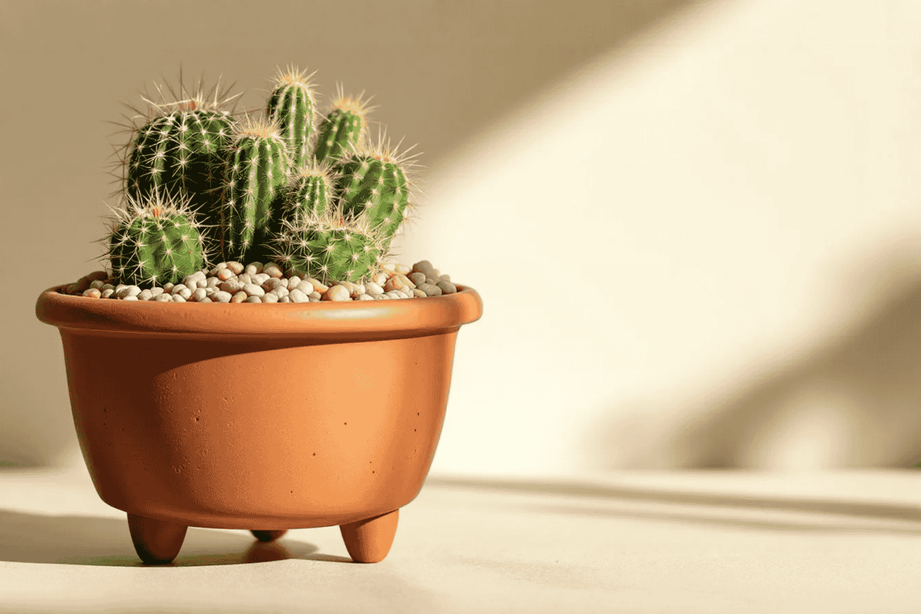 Professional close-up photograph of a terracotta pot with multiple drainage holes containing a thriving cactus arrangement. The pot is slightly elevated on feet, with visible porous texture and a layer of decorative gravel top dressing. Natural sunlight highlighting the plant's healthy spines against a neutral background.