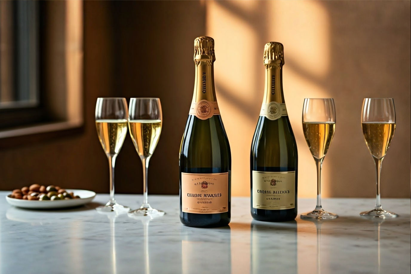 A professional studio photograph of a chilled bottle of cava sparkling wine, elegantly arranged on a sleek white marble table, surrounded by delicate flutes filled with golden bubbly. Include subtle Spanish elements like a small tapas plate with olives and almonds in the background, soft Mediterranean sunlight streaming through a window, and a hint of Penedès vineyard greenery. The composition is crisp, vibrant, and luxurious, with fine bubbles catching the light, shallow depth of field, and a clean, modern aesthetic. Photorealistic, high-resolution, 8K detail, natural colors.